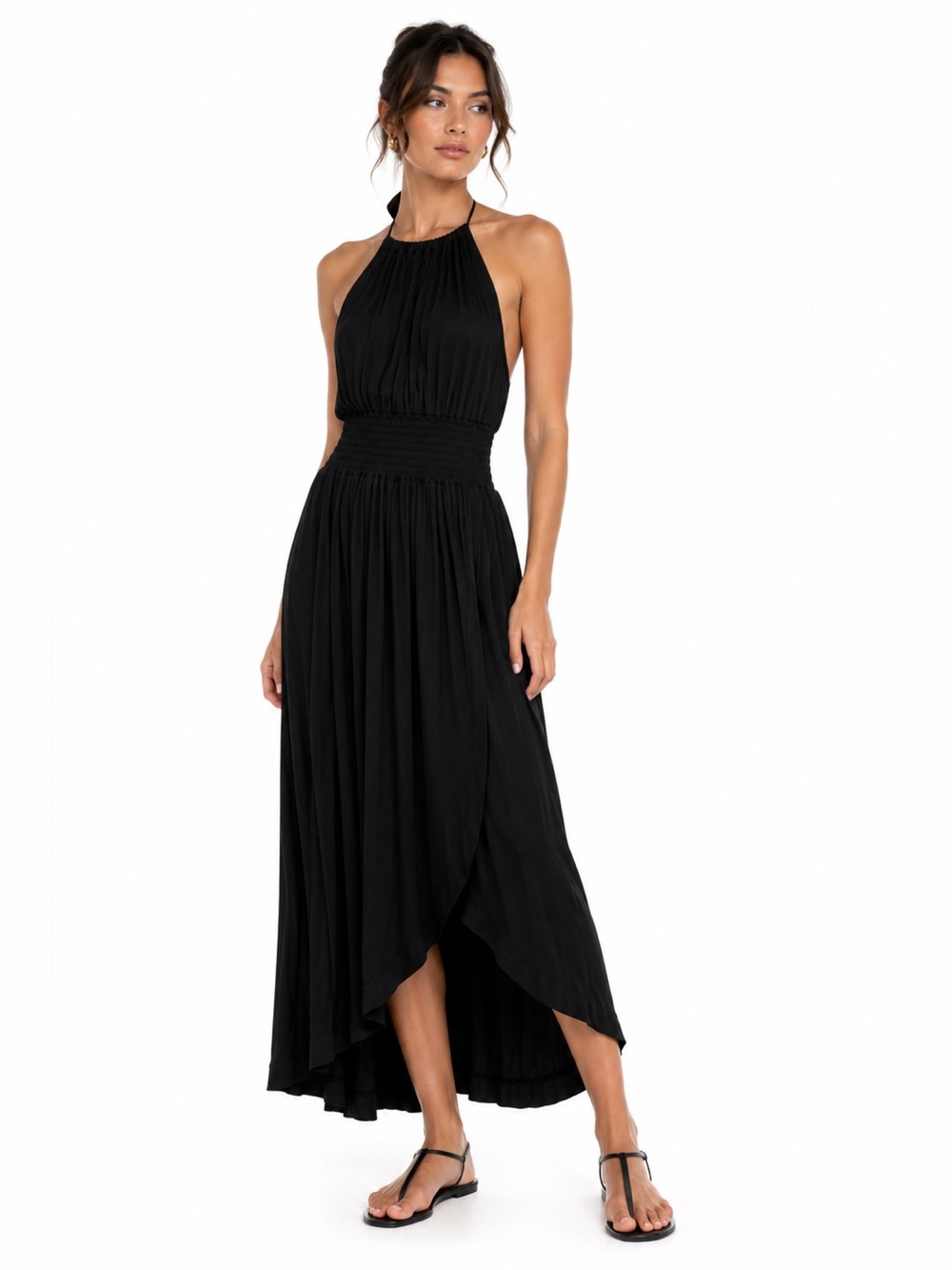 Sivana Bamboo Luxe Black Halter High Low Maxi Dress Smocked Waist S USA